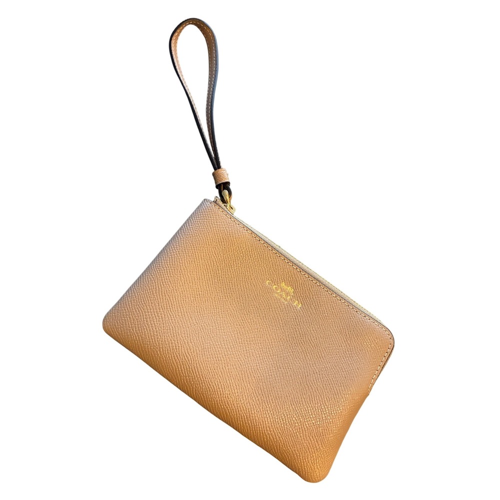 Coach Womens Tan Crossgrain Leather Small‎ Corner Zip Wristlet Wallet Gold Logo